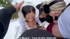 Play Two Slutty Blondes and Brunette Sucking Cocks in the Snow and Finishing with Cum-Faced